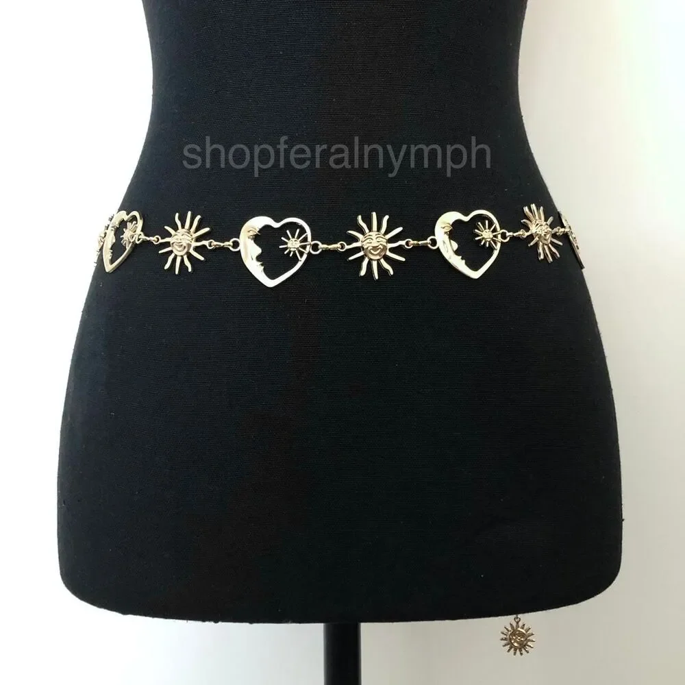 Celestial Gold Sun Heart Crescent Moon Chain Belt, Fits 20–39.5 Inches, X7GA1158